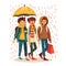 Three young adults walking under yellow umbrella during rain. Friends enjoying stroll despite