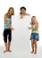 Three young females with white board