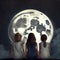 Three young girls looking up at the Moon in night sky, neural network generated art