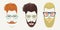 Three young hipster adult male faces icons set in different diversity and individual unique characters wearing sunglasses