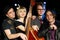 Three young men and beautiful woman with contrabass