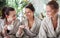 Three young women drinking tea at spa resort