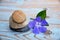 Three Zen stones on used wood with purple flower