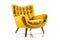 Threequarter View Yellow Mid Century Modern Armchair On White Background. Generative AI