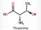 Threonine, L-Threonine, Thr, C4H9NO3 essential amino acid molecule. Skeletal chemical formula