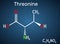 Threonine, L-Threonine, Thr, C4H9NO3 essential amino acid molecule. Structural chemical formula on the dark blue background
