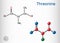 Threonine, L-Threonine, Thr, C4H9NO3 essential amino acid molecule. Structural chemical formula and molecule model. Sheet of paper