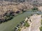 Thresholds on the Targus River, near the city of Toledo, Spain. Shooting from the drone.