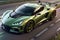 Thrill of Speed on the Race Track with a Green-Colored State-of-the-Art Sports Car. AI generated
