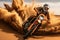 A thrilling action shot of a professional enduro motorcycle rider, turn on sand terrain