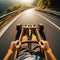 Thrilling drive down winding road, on a go-cart, seen from driver\\\'s viewpoint