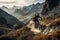 A thrilling, high-speed mountain biking scene, featuring a daring rider navigating a rugged, rocky trail, with a breathtaking