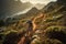 A thrilling, high-speed mountain biking scene, featuring a daring rider navigating a rugged, rocky trail, with a breathtaking