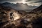 A thrilling, high-speed mountain biking scene, featuring a daring rider navigating a rugged, rocky trail, with a breathtaking