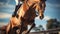 Thrilling Horse Jumping Displaying Athleticism and Skill. Generative AI