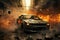 Thrilling and intense moment of a realistic car chase through a cityscape with explosions adding to the chaos. Convey a sense of