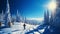 Thrilling mountaineer backcountry skiing in snowy alpine landscape with majestic snowy trees