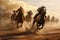 A thrilling scene of a group of men experiencing the freedom and adventure of horseback riding, A horse race in the dusty wild