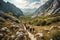 A thrilling shot of a group of hikers trekking through the rugged terrain of a Croatian national park, with majestic mountains in