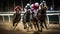 A thrilling shot of jockeys and their horses thundering past the finish line at a racetrack