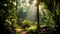 Thriving tropical woodland abundant in greenery with sun light. Generative AI