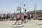 A throw from an average distance on streetball Playground