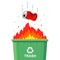 Throw garbage into a container. incineration of unnecessary waste. ecology problems.