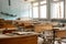 The thrown and destroyed school in Pripyat after the Chernobyl accident in Ukraine in 1986. School desks and scattered textbooks