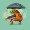 Thug frog with umbrella, vector illustration. Back view of cool sitting anthropomorphic frog