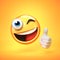 Thumb up emoji isolated on yellow background, emoticon giving likes 3d rendering