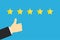 Thumb up five stars sign, service rating success banner in flat design on blue background