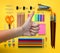 Thumb up Hand on School Stationary Flat Lay on Yellow Background