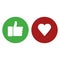 Thumb up and heart, green and red colors, white background isolated icon, media signs socia icons. Flet design EPS 10