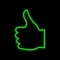 Thumb up, like neon sign. Bright glowing symbol on a black background.