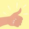 Thumb up. Symbol of agreement, praise, confirmation. Positive icon okay good job. Hand with raised thumb in flat cartoon style