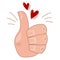 Thumb up - symbol. Positive gesture is thumb up with hearts. A striking indicator of success. Vector isolated