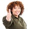 Thumbs up, black woman and portrait of a young model in isolated white background in studio.Thank you, yes and like