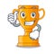 Thumbs up cartoon trophy cup with star on cyan