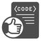 Thumbs up on code file, coding well done solid icon, programming concept, software vector sign on white background