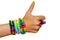 Thumbs up for colorful rainbow loom rubber bands bracelet.