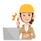 Thumbs up construction woman operating computer with beige clothes