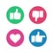 Thumbs up down sign. Point finger and heart icons in red and green circle. Social media love user reaction vector