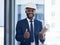 Thumbs up, happy engineer or architect black man with construction success goal target or plan. Support, thank you or