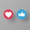 Thumbs up and heart icon on transparent background. Social media elements. Social network symbol. Counter notification icons. Emoj