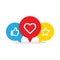 Thumbs up heart and star social media icons. Like and add to favorites in speech bubble flat style symbols isolated