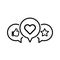 Thumbs up heart and star social media icons. Like and add to favorites in speech bubble line symbols isolated. Vector