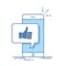 Thumbs up icon with smartphone. Like message on screen, like button. Social network, social media usage on mobile device