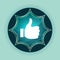 Thumbs up like icon magical glassy sunburst blue button sky blue background