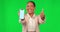 Thumbs up, phone and woman on green screen promotion, advertising mockup and success hands. Yes, like or OK emoji with