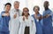 Thumbs up portrait, doctors and team of nurses together in happy hospital. Face, like hand and medical professionals